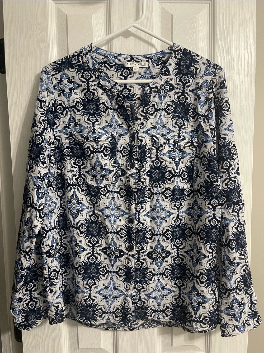Notations Navy and White Printed Button-Front Blouse - Picture 1 of 8